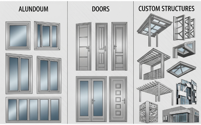 رسوم توضيحية لمنتجات ألمنيوم مختلفة تشمل نوافذ متعددة، أبواب متنوعة، وهياكل مخصصة مثل مظلات وواجهات.
