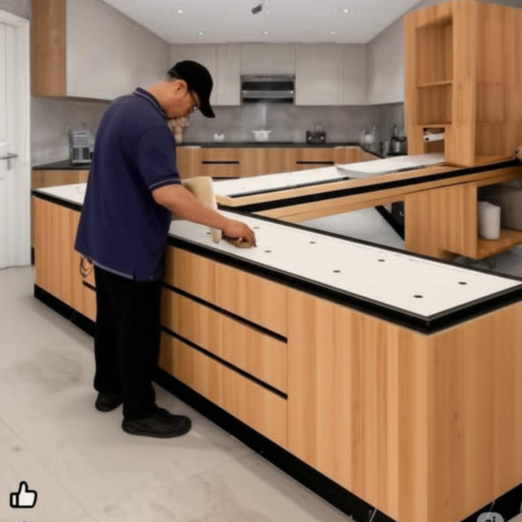 عامل يقوم بتركيب وتجميع قطع مطبخ خشبي حديث مع أسطح بيضاء داخل شقة سكنية.