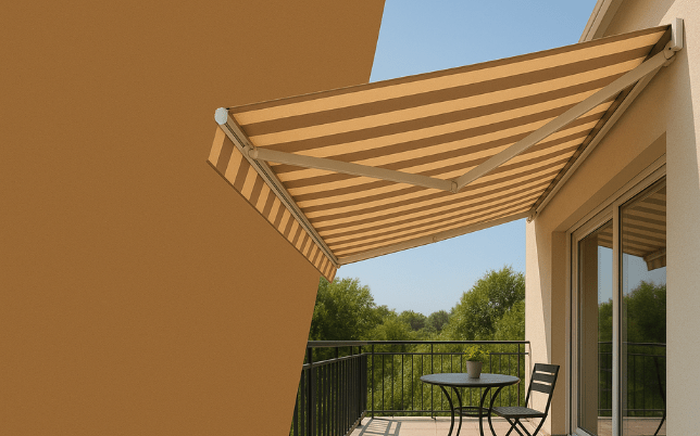 مظلة شمسية مخططة باللونين البيج والبني مركبة على شرفة منزل في مكناس.